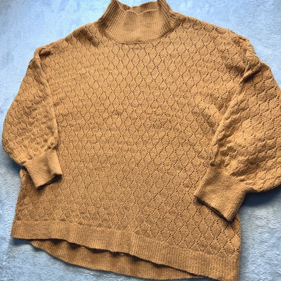 Wonderly Camel Brown Diamond Pointelle Mock Neck Lantern Sleeve Knit Sweater - Picture 11 of 13